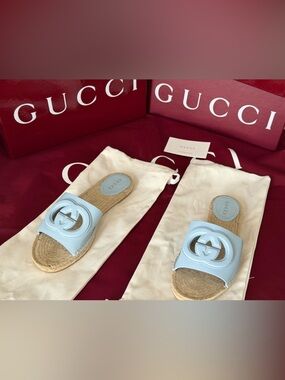Gucci Women's Blue Leather Espadrille Slide Sandals 38.5 NIB